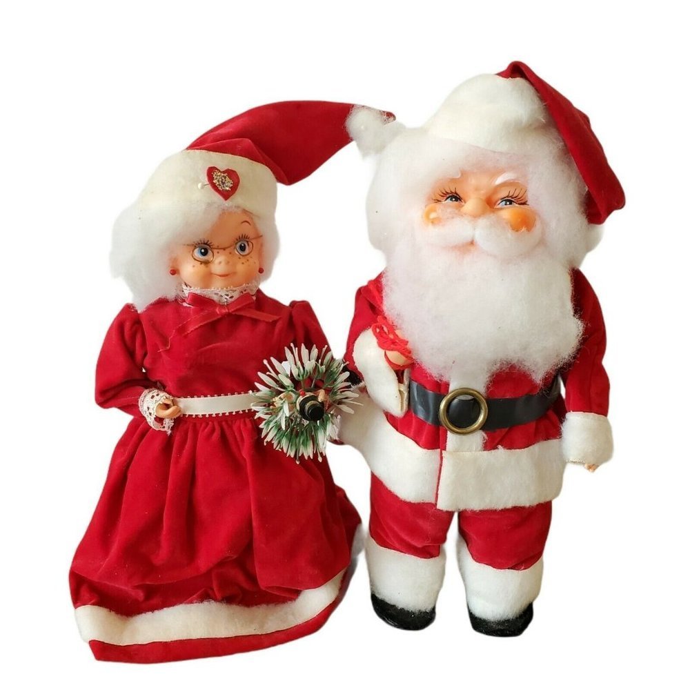 Vintage MCM Kitschy Christmas Mr Mrs Santa Claus Dolls Handmade‎ 13" Detailed